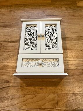 White Floral Carved Wood Jewelry Box with Drawer